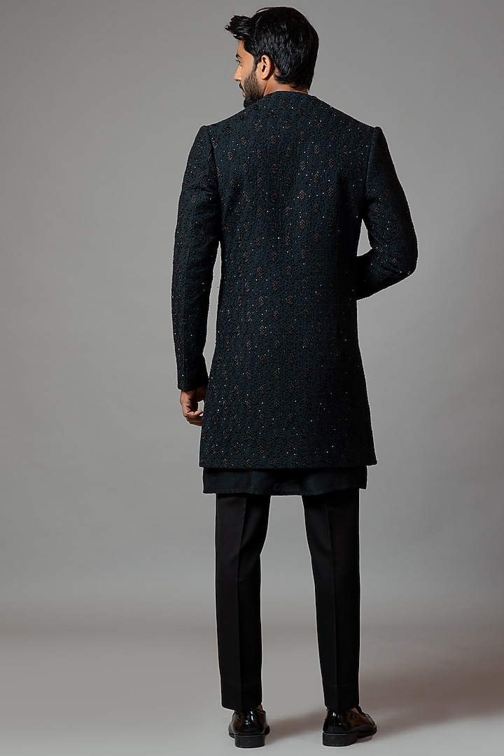 Black Kurta Set With Embroidered Indo-Western Jacket by PAARSH at Pernia's Pop Up Shop