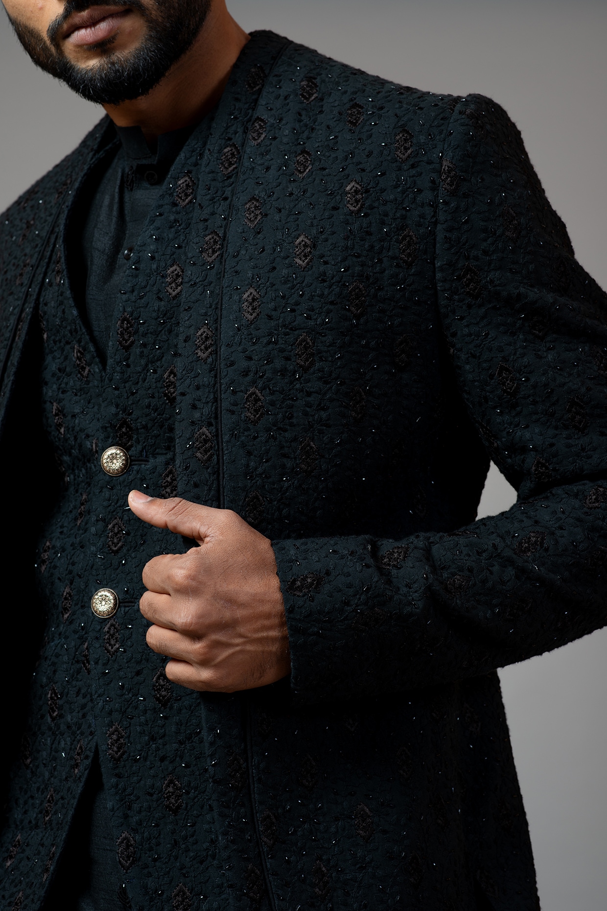 Black Kurta Pajama in Silk with Printed Jacket - MNEH1753 from...