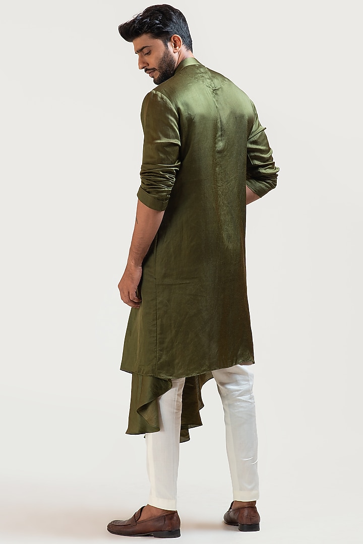 Mehendi Green Line Satin Draped Kurta Set by PAARSH at Pernia's Pop Up Shop