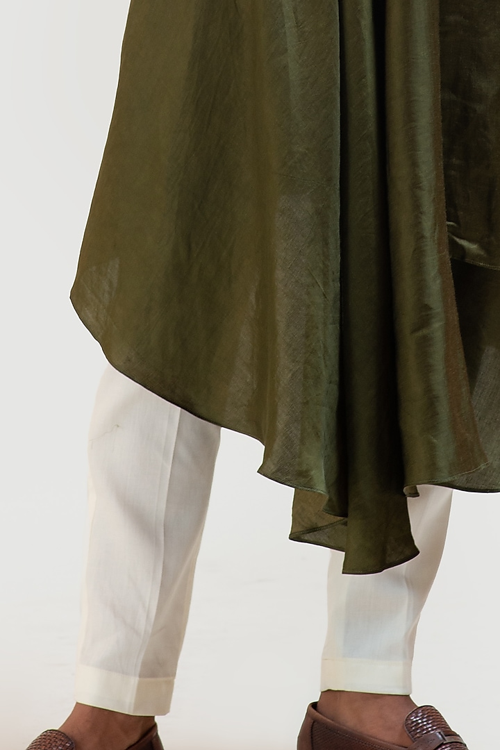 Mehendi Green Line Satin Draped Kurta Set by PAARSH at Pernia's Pop Up Shop