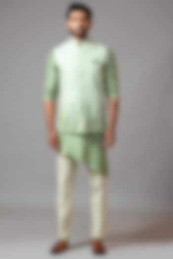 Mint Green Embroidered Nehru Jacket With Kurta Set by PAARSH