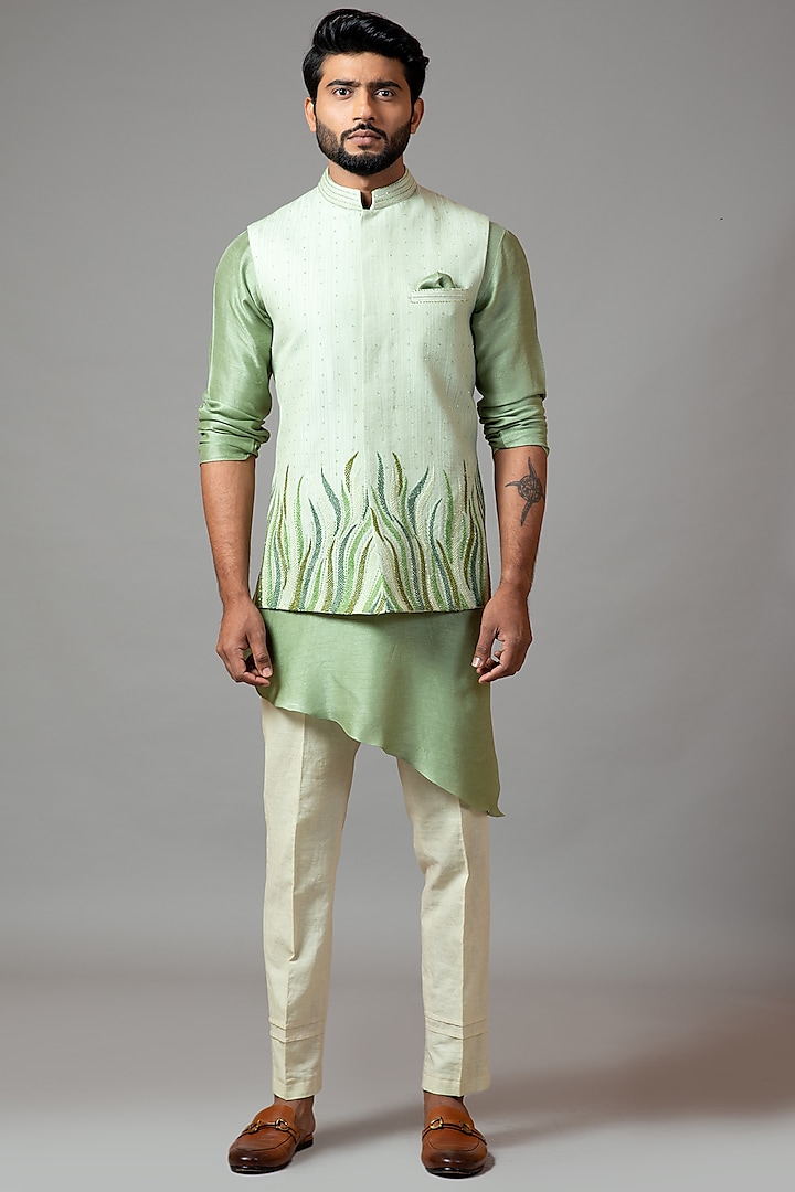 Mint Green Embroidered Nehru Jacket With Kurta Set by PAARSH
