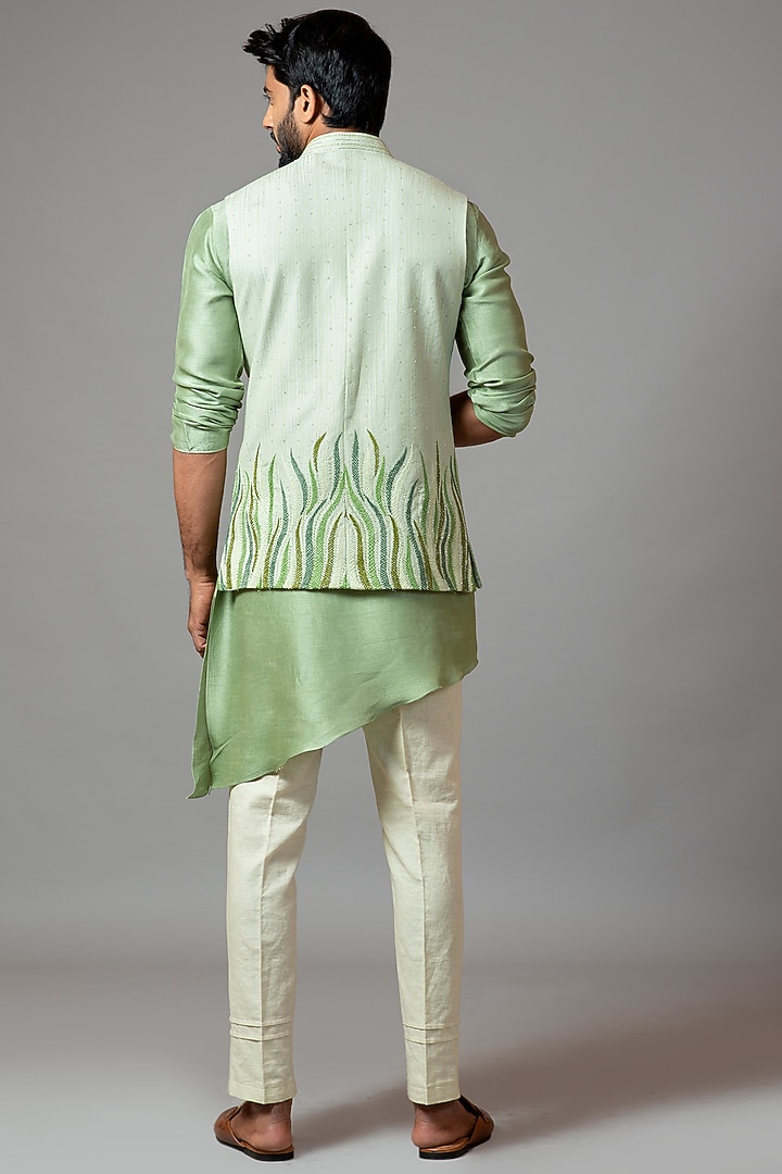 Mint Green Embroidered Nehru Jacket With Kurta Set by PAARSH at Pernia's Pop Up Shop