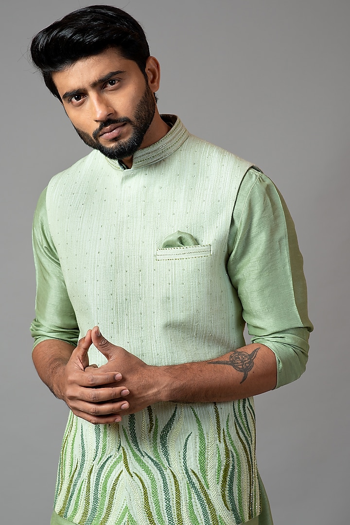 Mint Green Embroidered Nehru Jacket With Kurta Set Design by PAARSH at ...