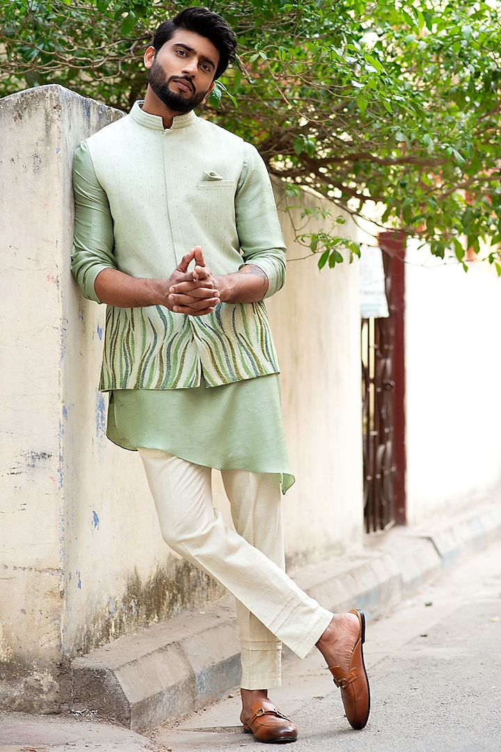Mint Green Embroidered Nehru Jacket by PAARSH at Pernia's Pop Up Shop