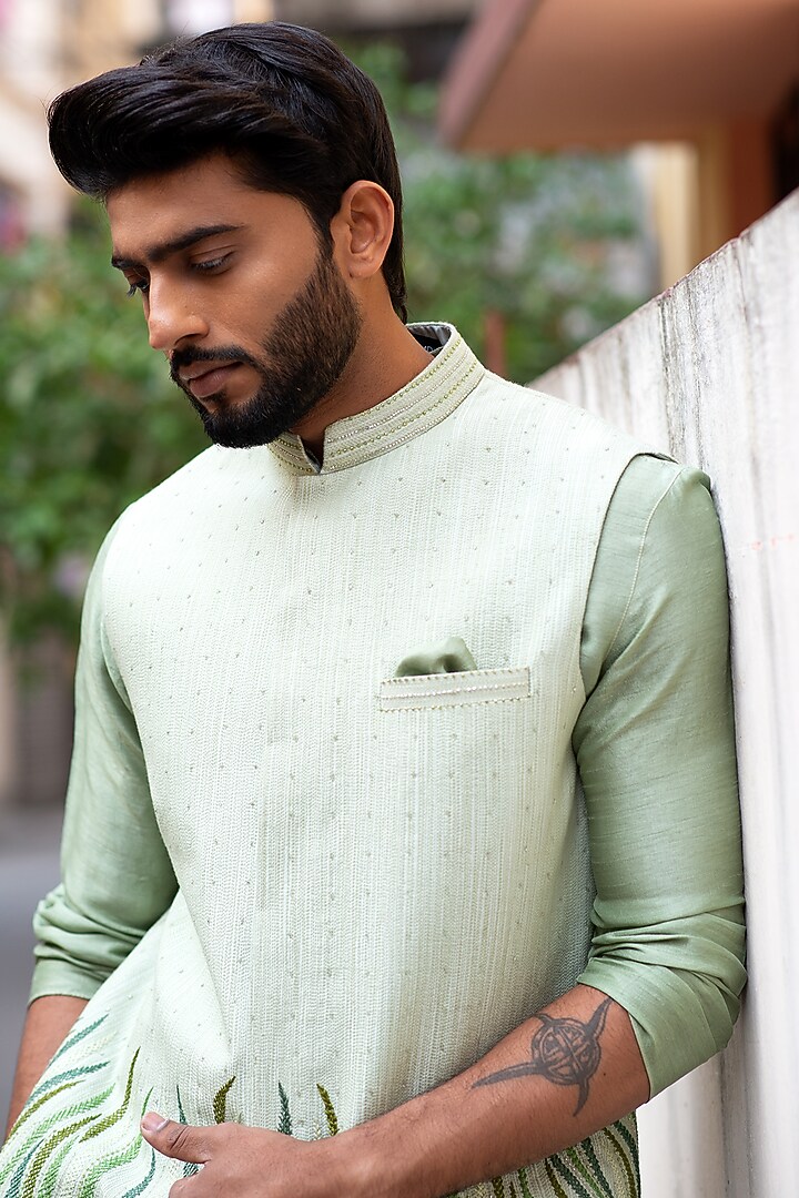 Mint Green Embroidered Nehru Jacket by PAARSH at Pernia's Pop Up Shop