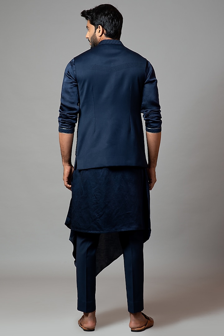 Navy Blue Embroidered Paneled Nehru Jacket by PAARSH at Pernia's Pop Up Shop