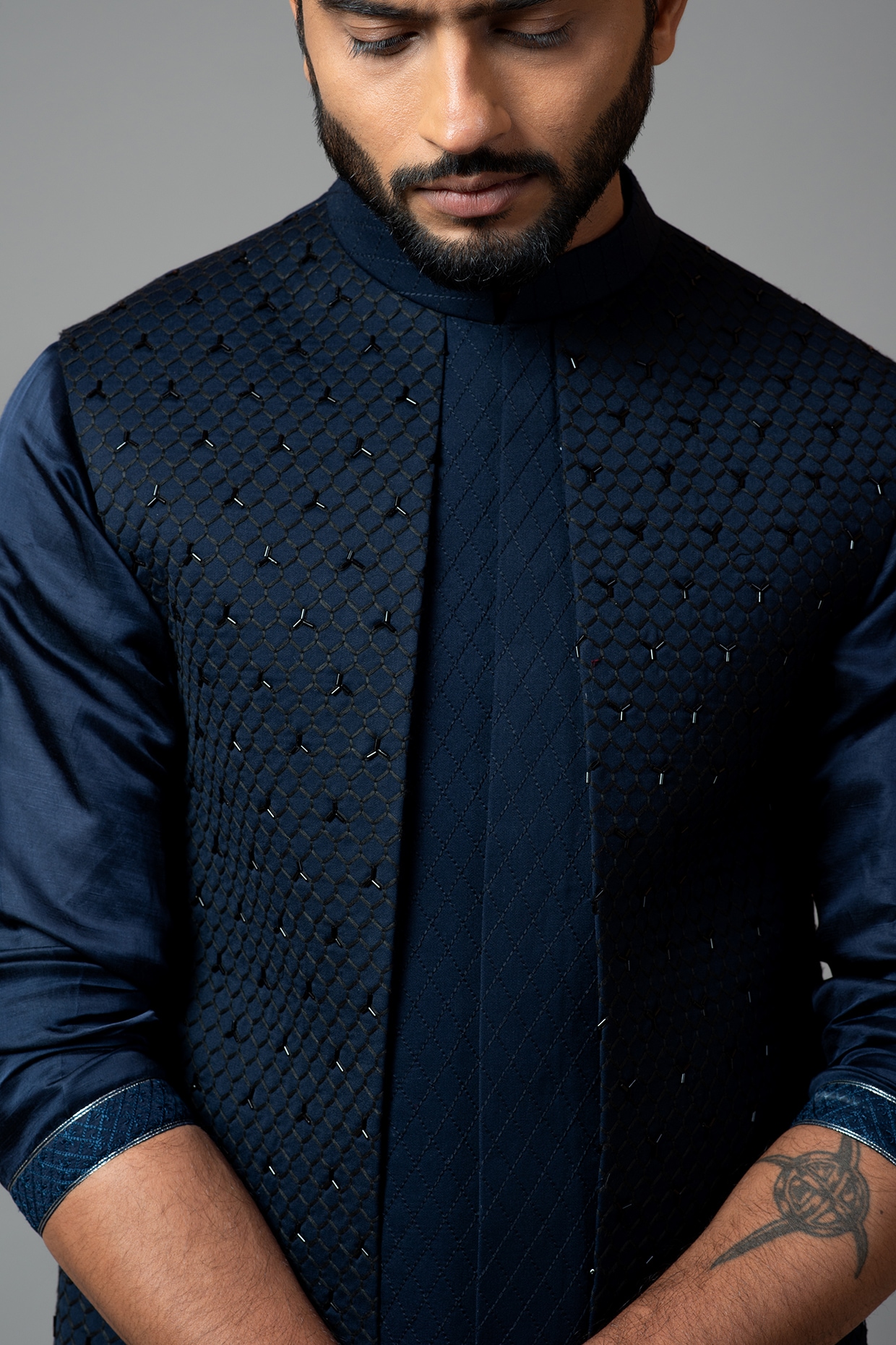 Navy Blue Suiting Embroidered Nehru Jacket Set Design by Kunal Rawal at  Pernia's Pop Up Shop 2024