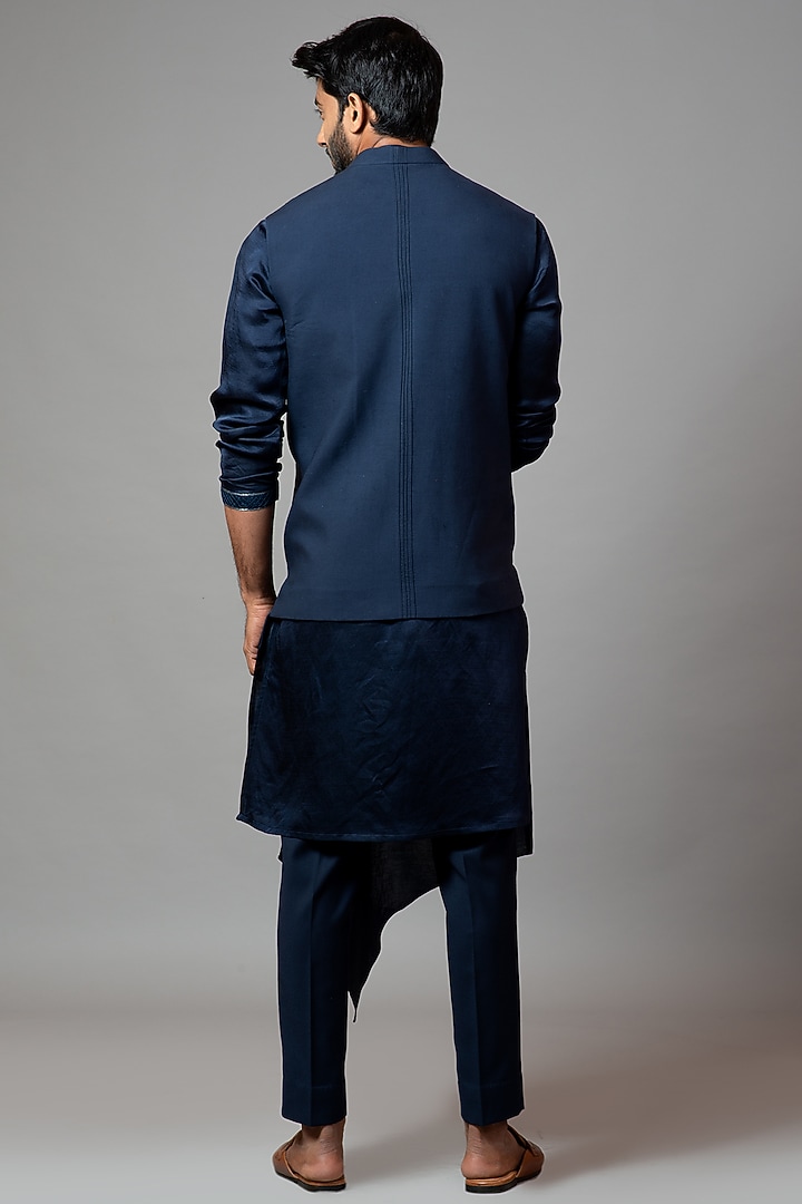 Navy Blue Embroidered Nehru Jacket by PAARSH at Pernia's Pop Up Shop