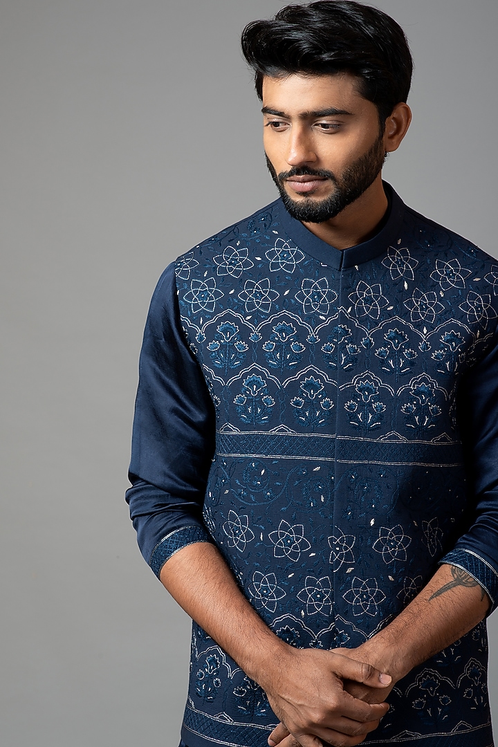 Navy Blue Embroidered Nehru Jacket by PAARSH at Pernia's Pop Up Shop