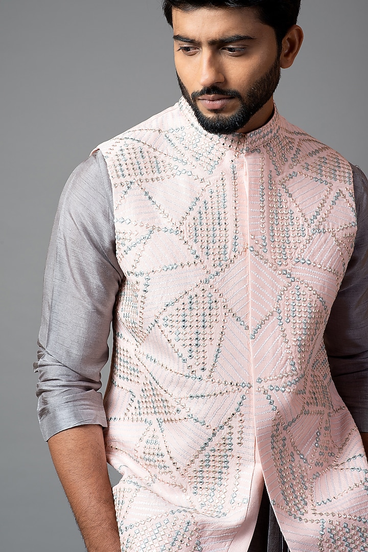 Powder Pink Embroidered Nehru Jacket by PAARSH at Pernia's Pop Up Shop