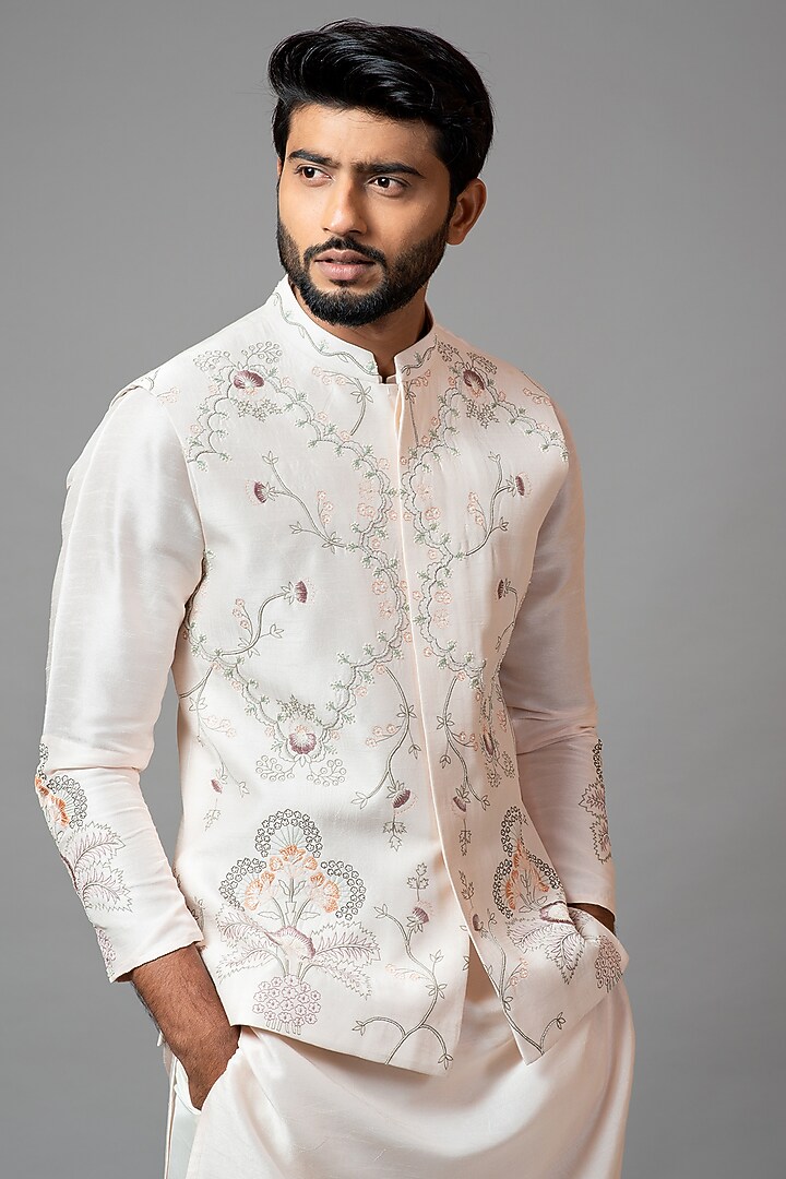 Baby Pink Embroidered Nehru Jacket by PAARSH at Pernia's Pop Up Shop