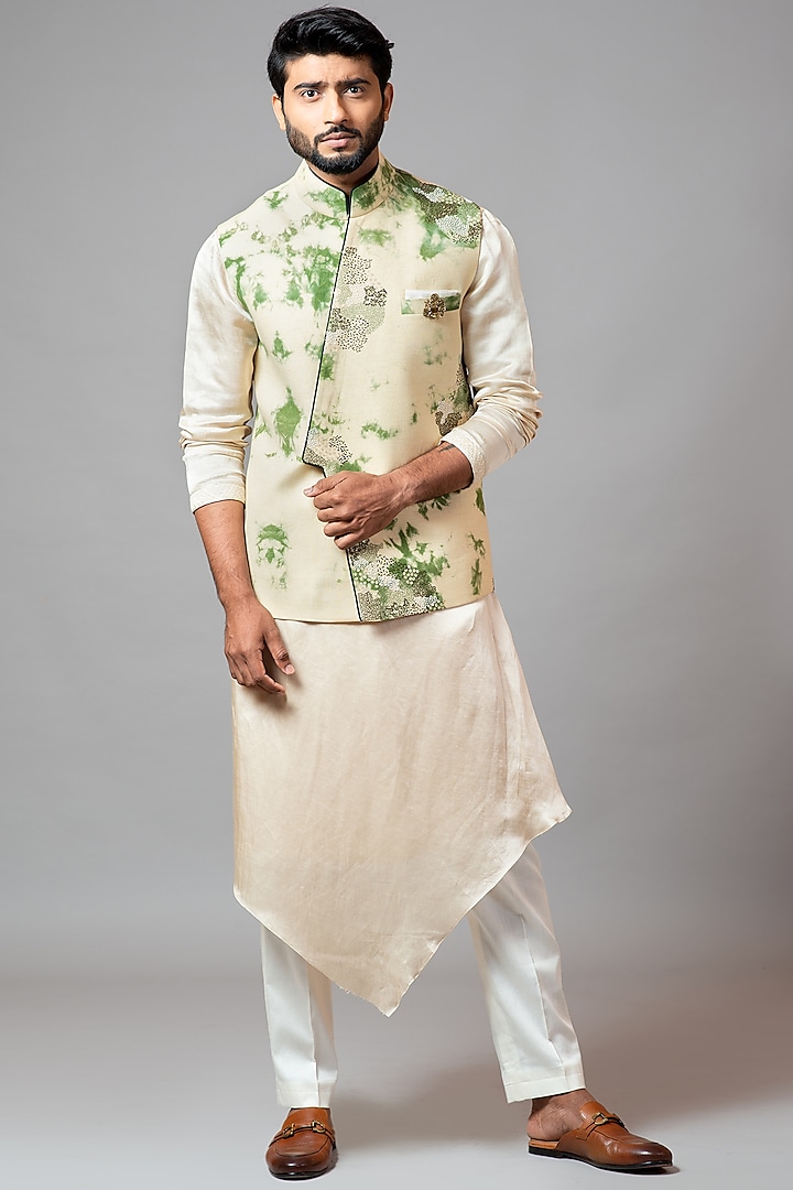 White & Green Tie-Dye Nehru Jacket by PAARSH at Pernia's Pop Up Shop