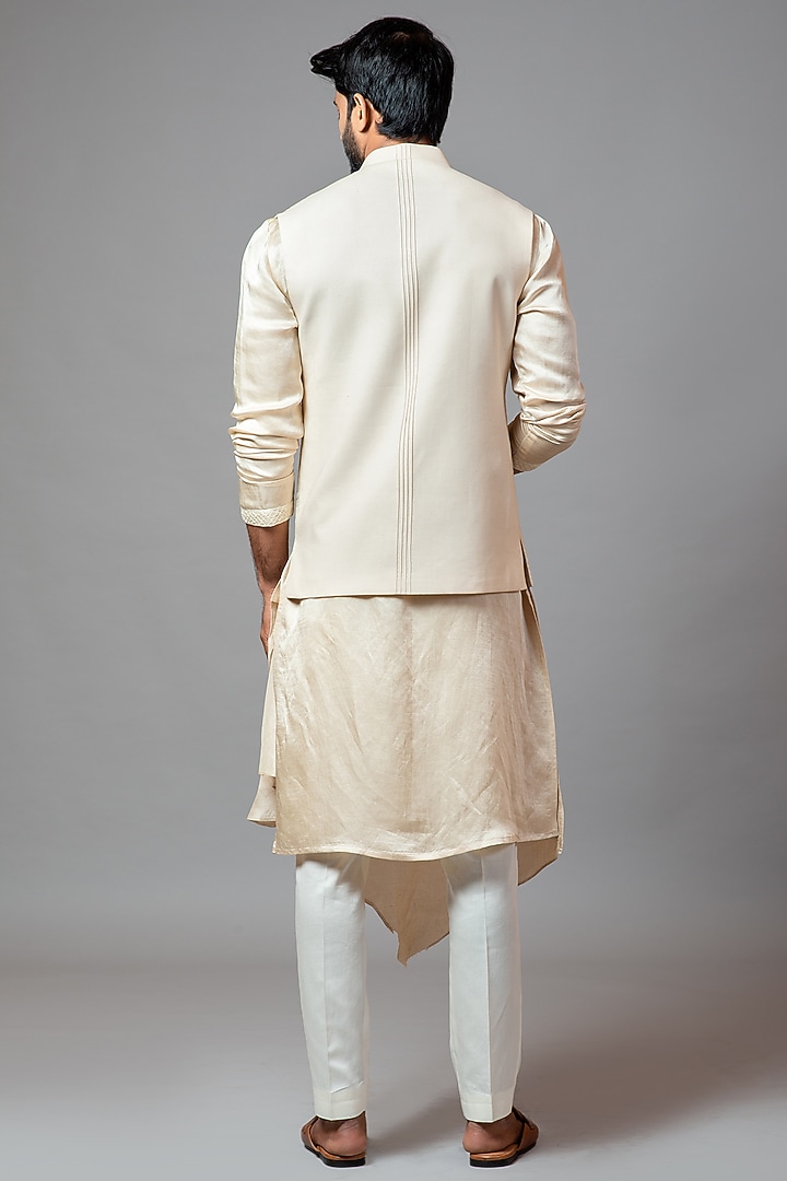 Cream Plain Kora Hand Embroidered Nehru Jacket by PAARSH at Pernia's Pop Up Shop