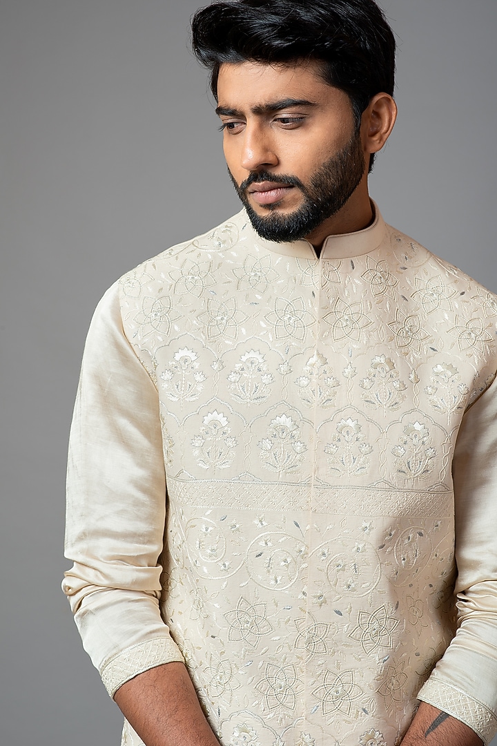 Cream Plain Kora Hand Embroidered Nehru Jacket by PAARSH at Pernia's Pop Up Shop