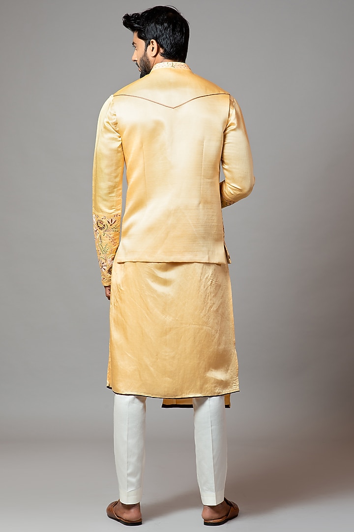 Dull Mustard Linen Satin Floral Embroidered Nehru Jacket by PAARSH at Pernia's Pop Up Shop