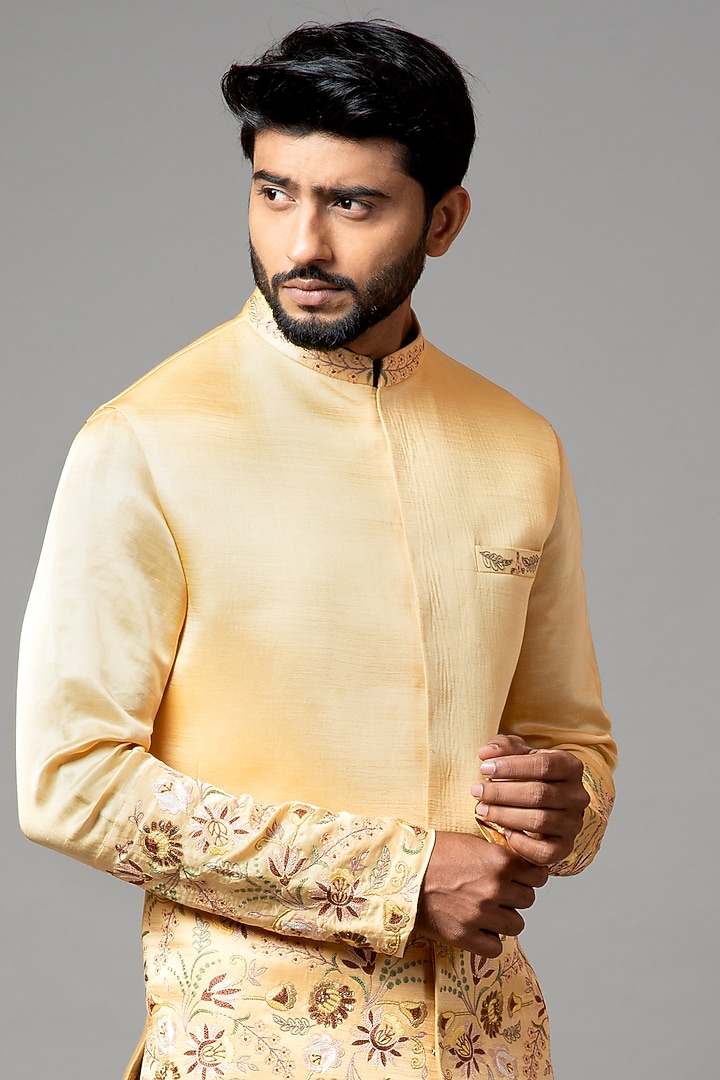 Dull Mustard Linen Satin Floral Embroidered Nehru Jacket by PAARSH at Pernia's Pop Up Shop