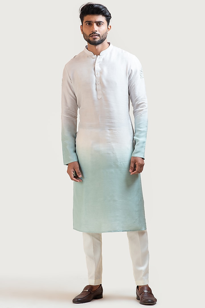 Grey To Green Ombre Embroidered Kurta Set by PAARSH