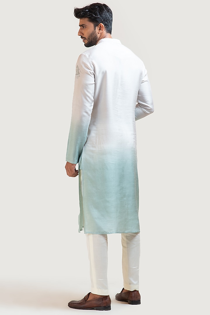 Grey & Green Ombre Bam Silk Motif Embroidered Kurta Set by PAARSH at Pernia's Pop Up Shop