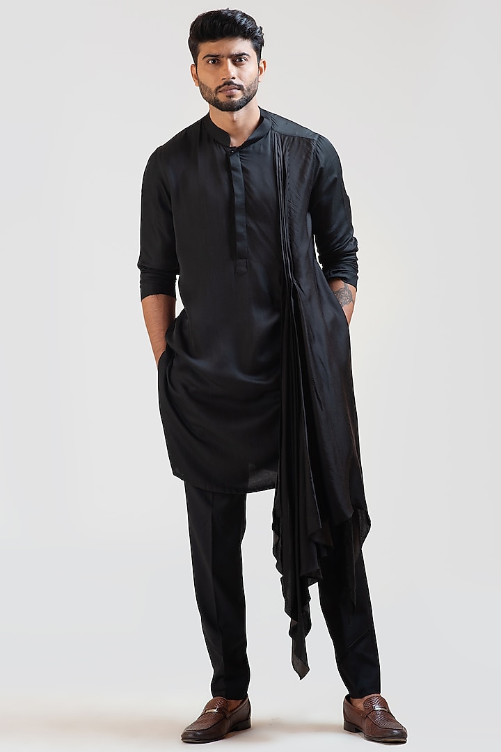 Black Silk Draped Kurta Set by PAARSH at Pernia's Pop Up Shop