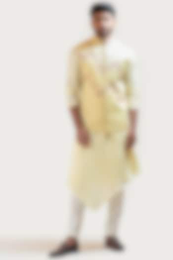 Light Yellow Linen Satin Mirror Embroidered Nehru Jacket by PAARSH