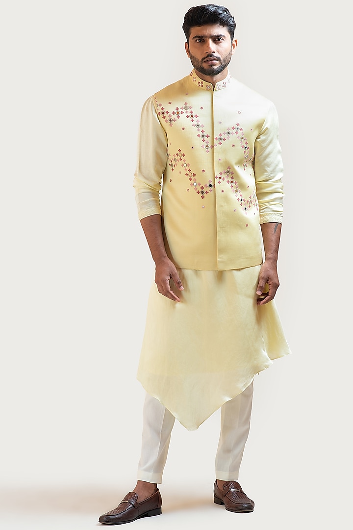 Light Yellow Linen Satin Mirror Embroidered Nehru Jacket by PAARSH