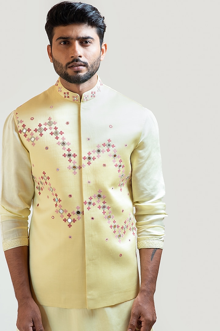 Light Yellow Linen Satin Mirror Embroidered Nehru Jacket by PAARSH at Pernia's Pop Up Shop