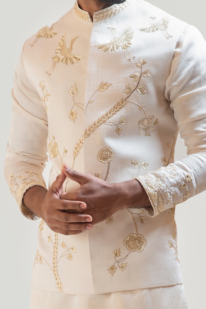 Light Cream Linen Satin Zardosi Embroidered Nehru Jacket by PAARSH at Pernia's Pop Up Shop