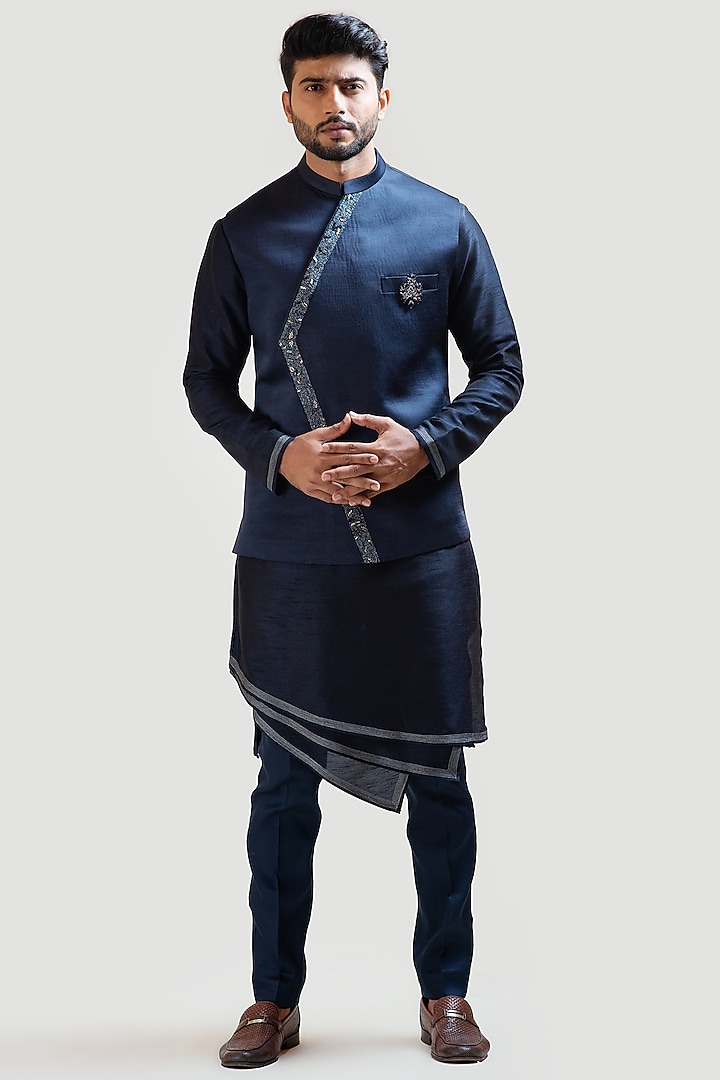 Navy Blue Embroidered Nehru Jacket by PAARSH