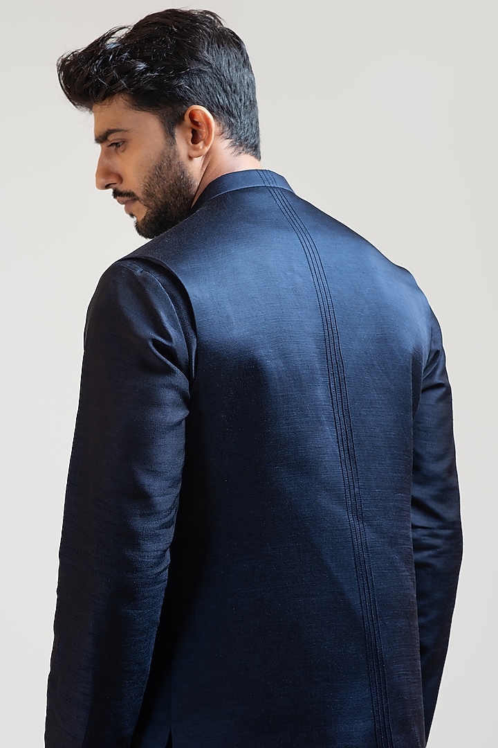 Navy Blue Linen Satin Nehru Jacket by PAARSH at Pernia's Pop Up Shop
