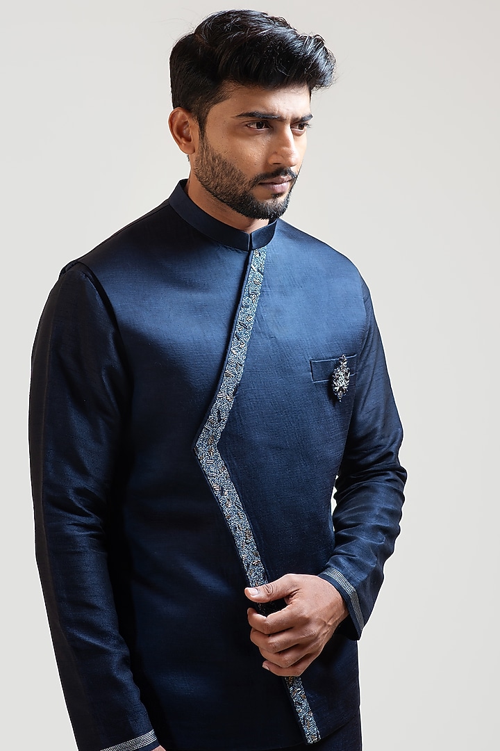 Navy Blue Linen Satin Nehru Jacket by PAARSH at Pernia's Pop Up Shop