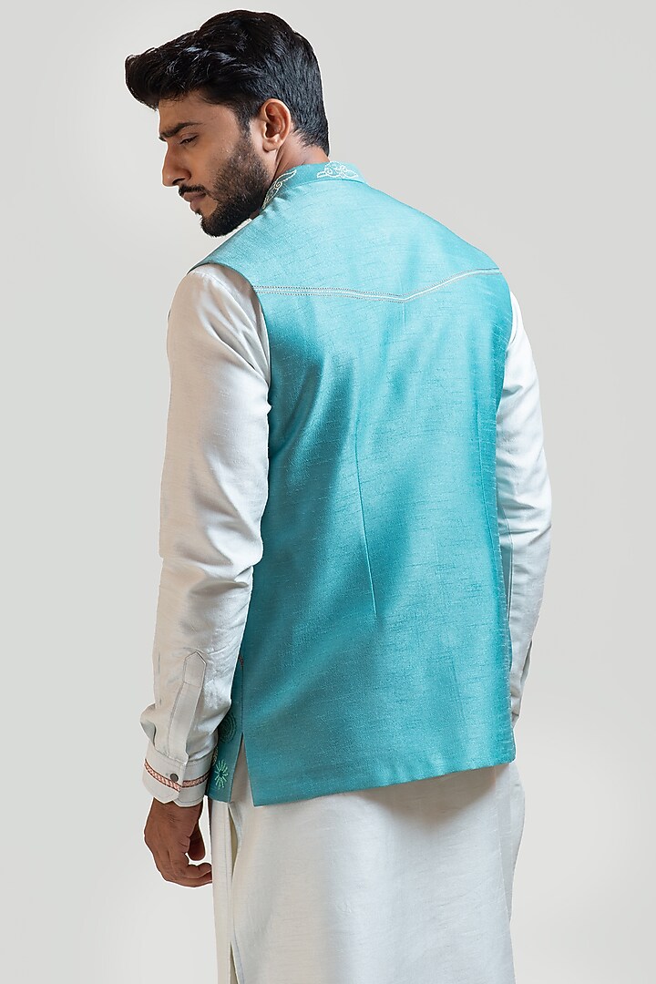 Blue Bam Silk Madhubani Motif Embroidered Nehru Jacket by PAARSH at Pernia's Pop Up Shop