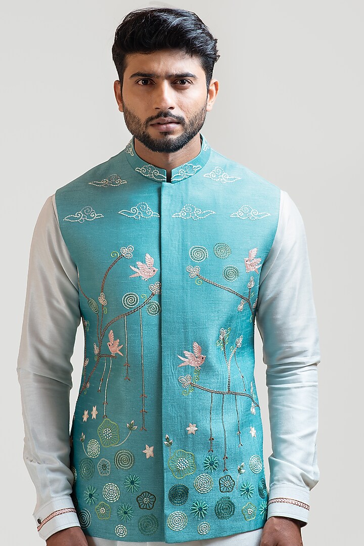 Blue Bam Silk Madhubani Motif Embroidered Nehru Jacket by PAARSH at Pernia's Pop Up Shop