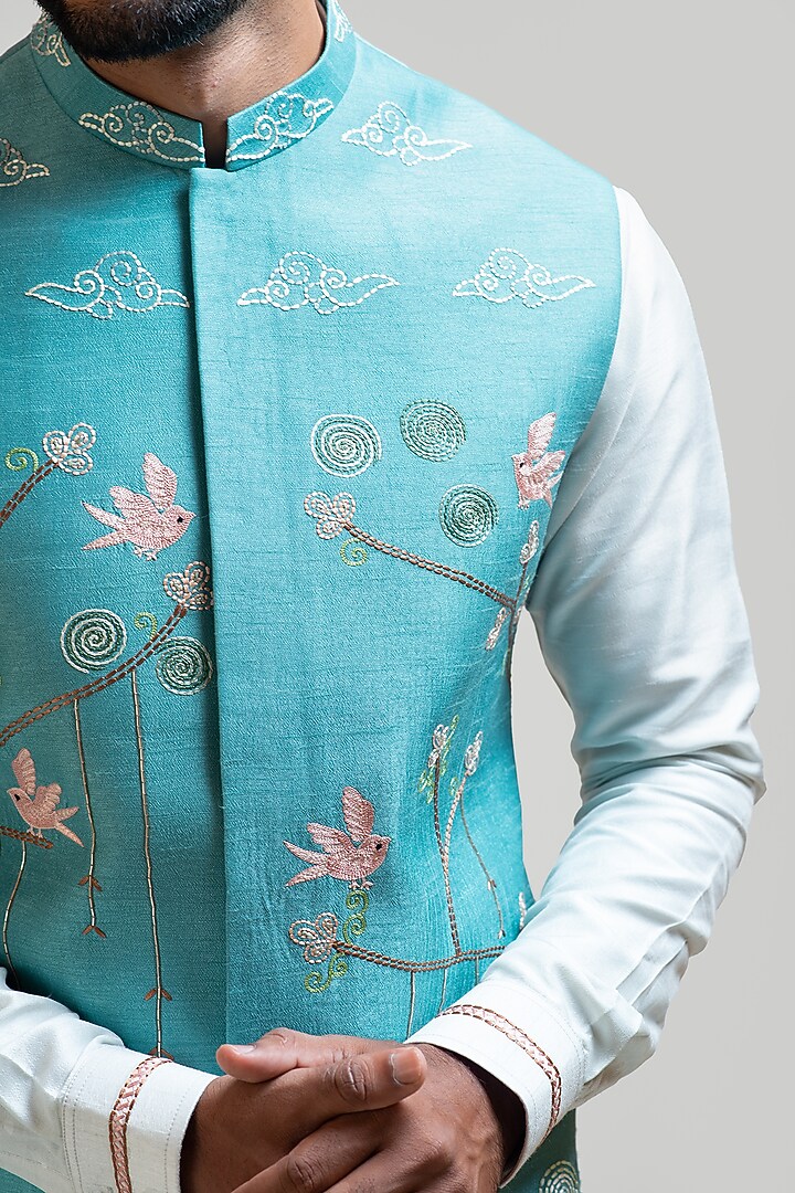 Blue Bam Silk Madhubani Motif Embroidered Nehru Jacket by PAARSH at Pernia's Pop Up Shop
