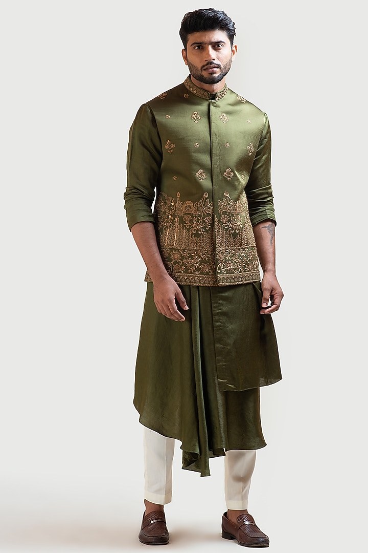 Mehendi Green Linen Satin Motif Embroidered Nehru Jacket by PAARSH at Pernia's Pop Up Shop