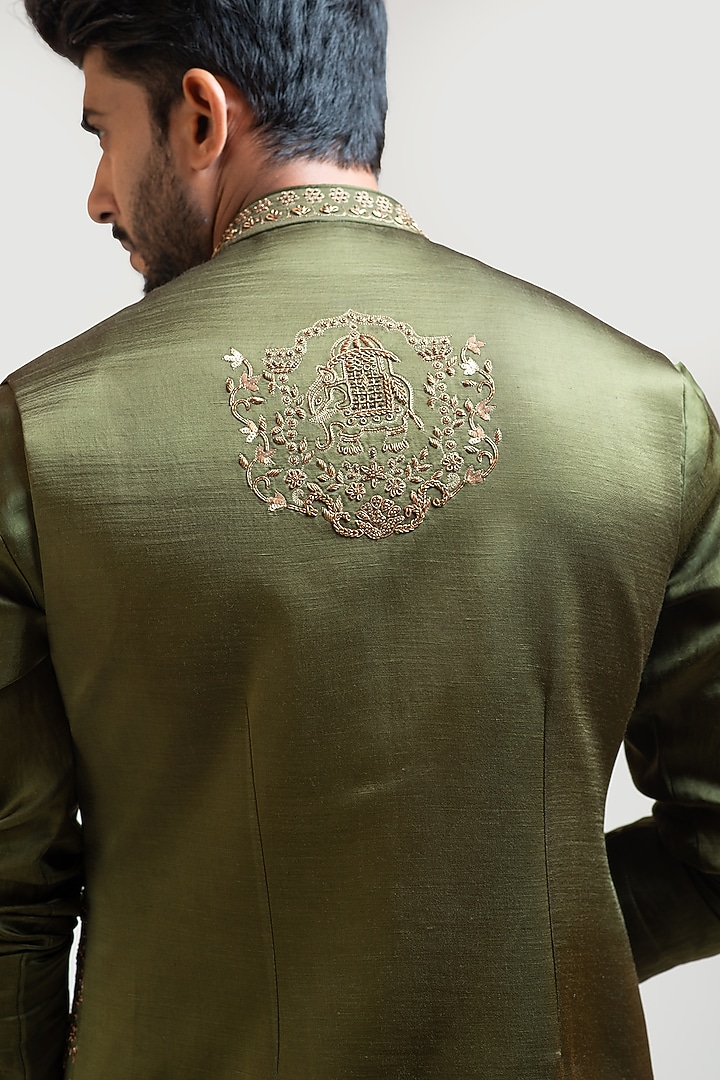 Mehendi Green Linen Satin Motif Embroidered Nehru Jacket by PAARSH at Pernia's Pop Up Shop