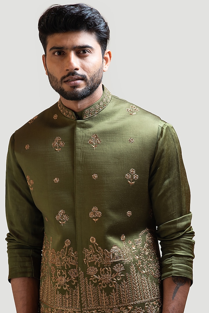 Mehendi Green Linen Satin Motif Embroidered Nehru Jacket by PAARSH at Pernia's Pop Up Shop