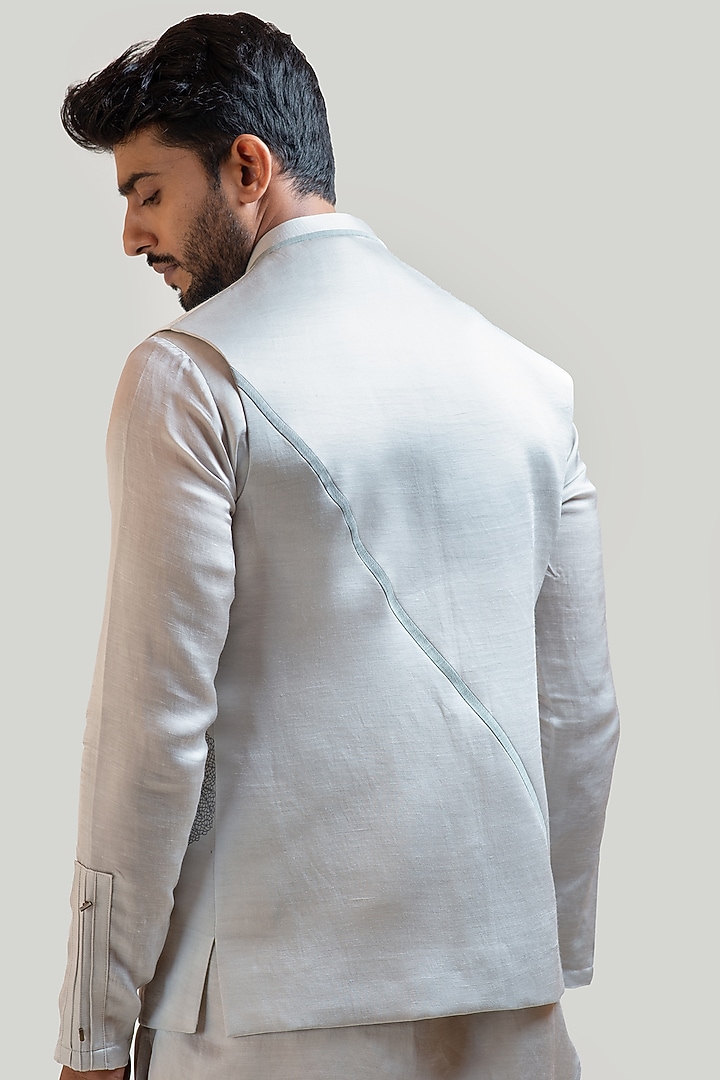 Light Grey Linen Satin Thread Embroidered Nehru Jacket by PAARSH at Pernia's Pop Up Shop