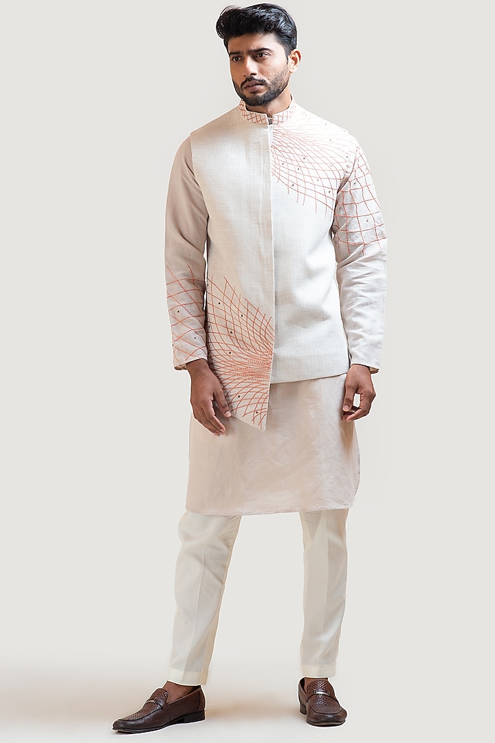 Light Grey Asymmetric Embroidered Nehru Jacket by PAARSH