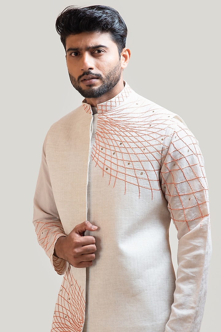 Light Grey Asymmetric Embroidered Nehru Jacket by PAARSH at Pernia's Pop Up Shop
