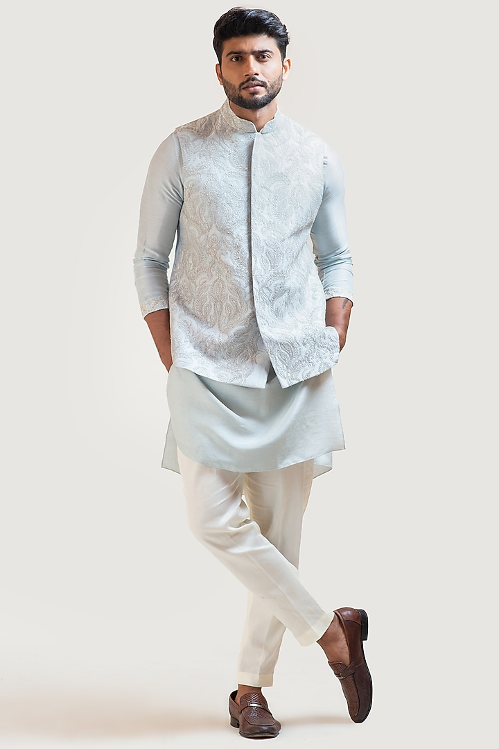 Ice Blue Raw Silk Zari Embroidered Nehru Jacket by PAARSH at Pernia's Pop Up Shop
