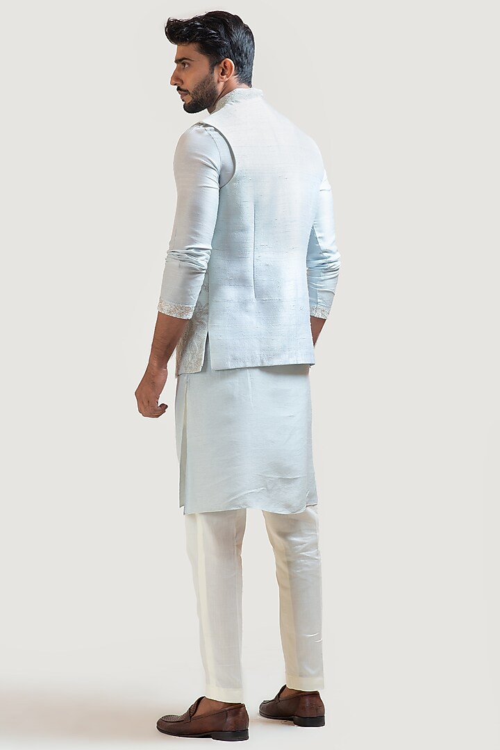 Ice Blue Raw Silk Zari Embroidered Nehru Jacket by PAARSH at Pernia's Pop Up Shop