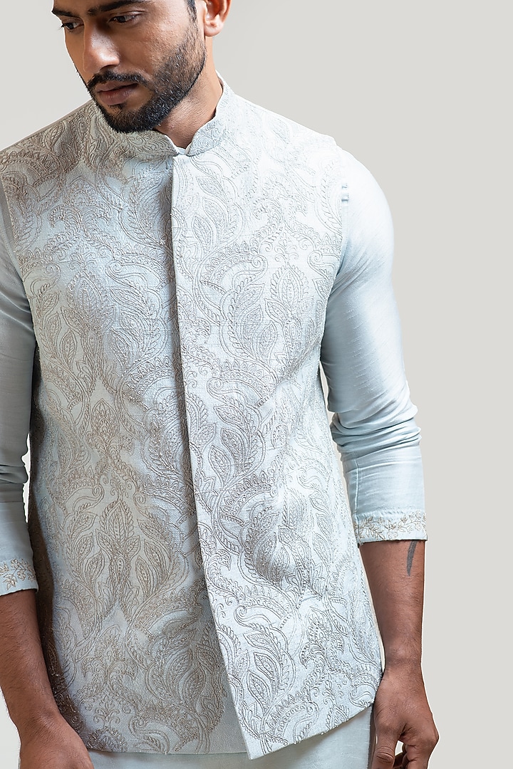 Ice Blue Raw Silk Zari Embroidered Nehru Jacket by PAARSH at Pernia's Pop Up Shop