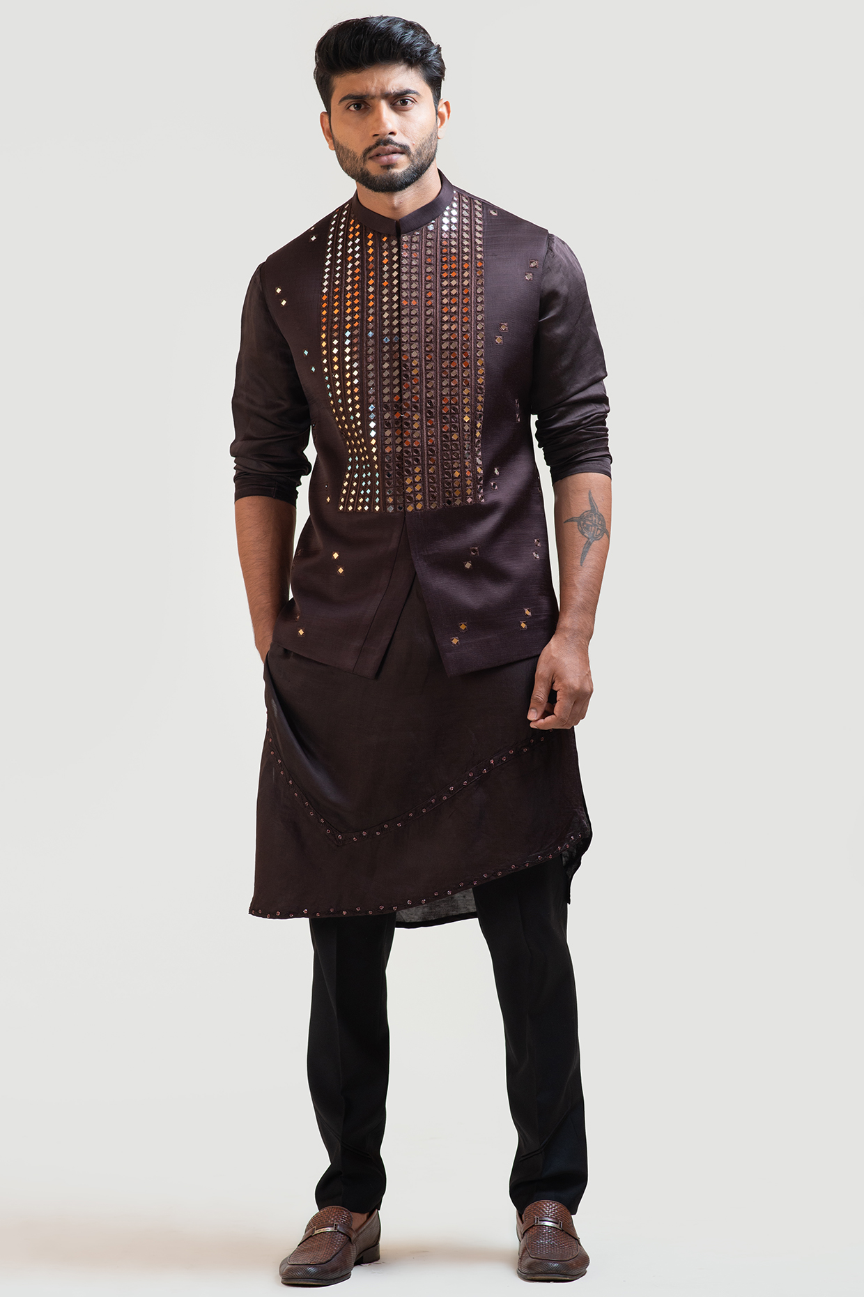 Coco Brown Linen Satin Mirror Embroidered Nehru Jacket by PAARSH at Pernia's Pop Up Shop