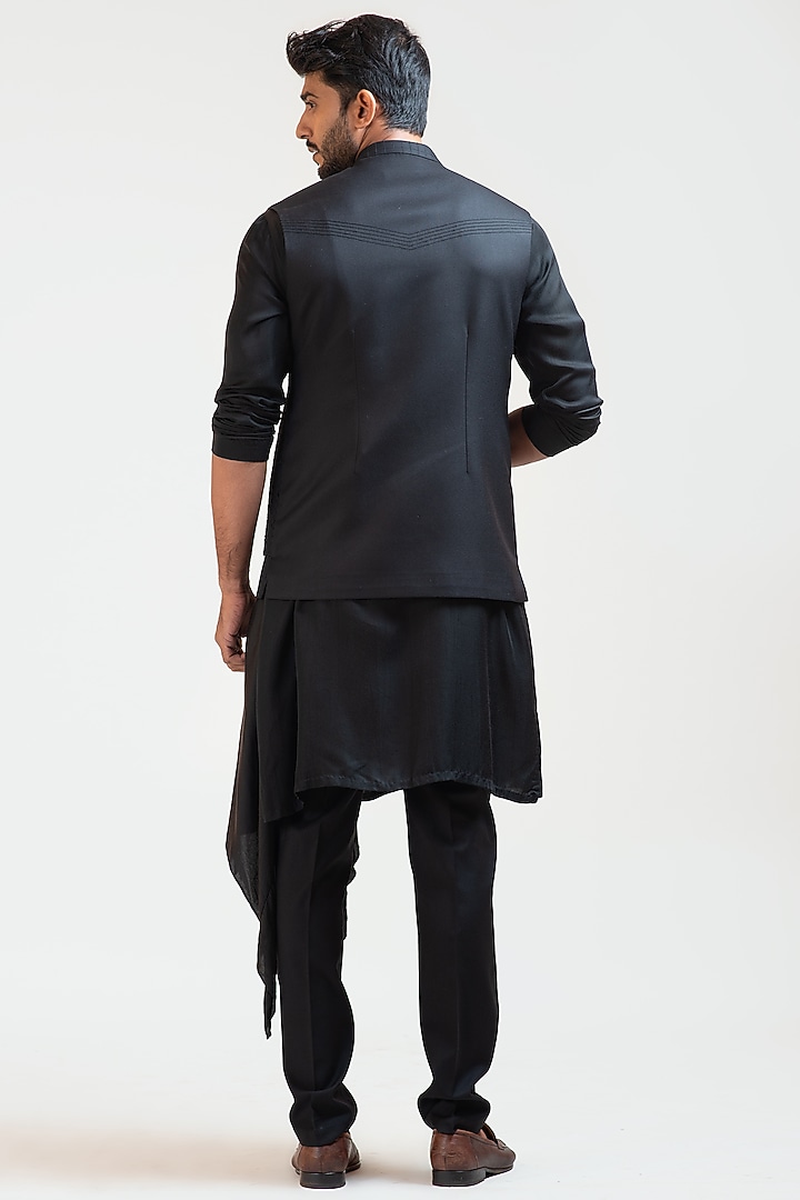 Black Terrycot Honeycomb Embroidered Nehru Jacket by PAARSH at Pernia's Pop Up Shop