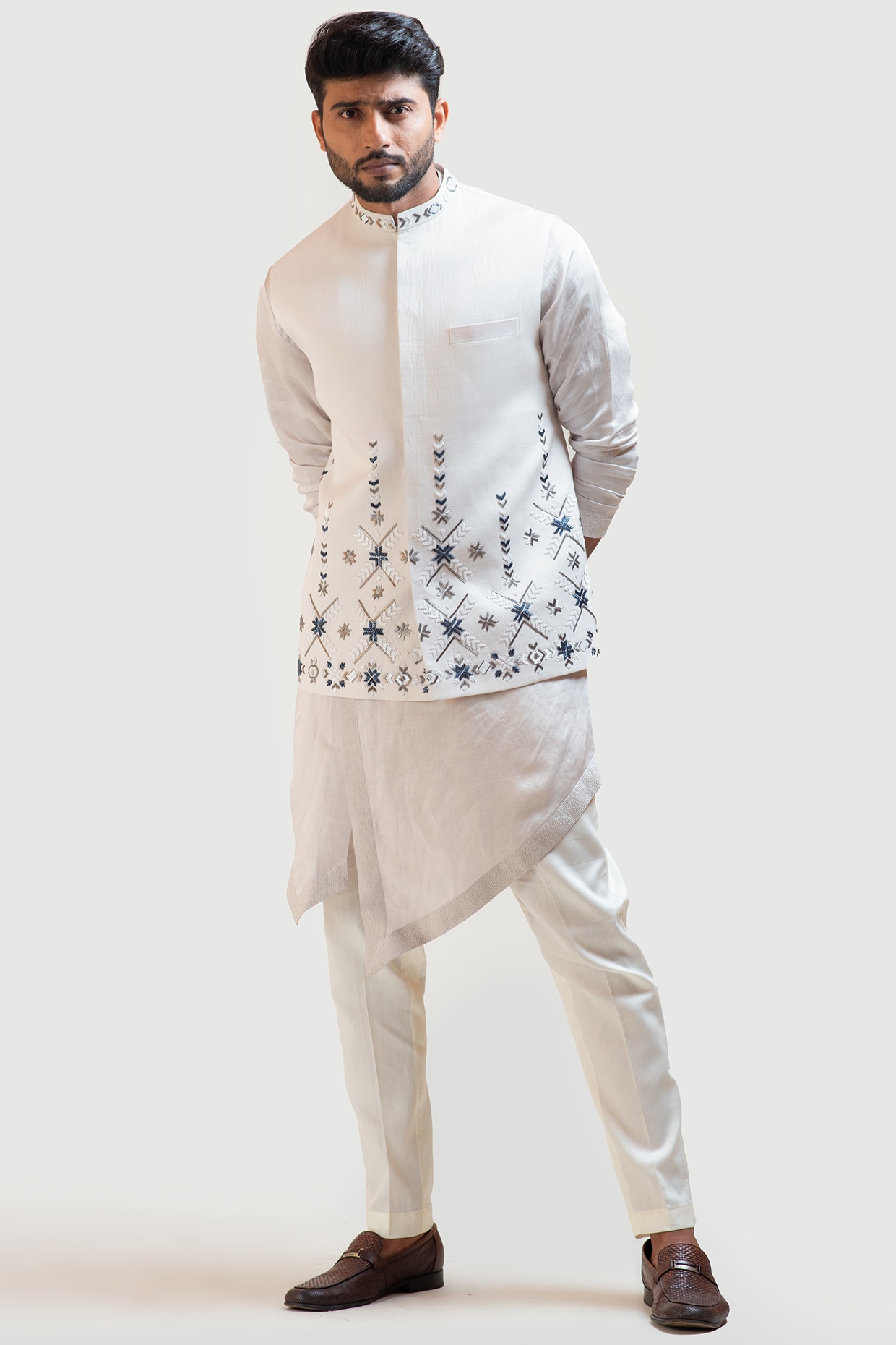 $64 - $129 - Cream Kurta Pyjama Cotton Embroidered Kurta Pajama With Jacket  Online Shopping