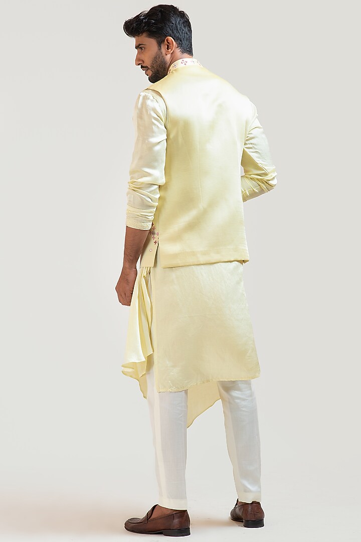Light Yellow Linen Satin Mirror Embroidered Nehru Jacket Set by PAARSH at Pernia's Pop Up Shop