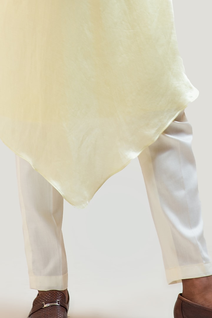 Light Yellow Linen Satin Mirror Embroidered Nehru Jacket Set by PAARSH at Pernia's Pop Up Shop