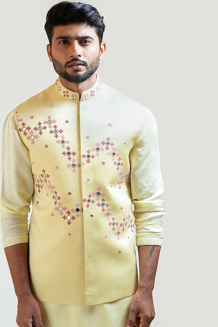 Light Yellow Linen Satin Mirror Embroidered Nehru Jacket Set by PAARSH at Pernia's Pop Up Shop