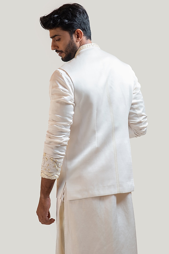 Cream Linen Satin Embroidered Nehru Jacket Set by PAARSH at Pernia's Pop Up Shop